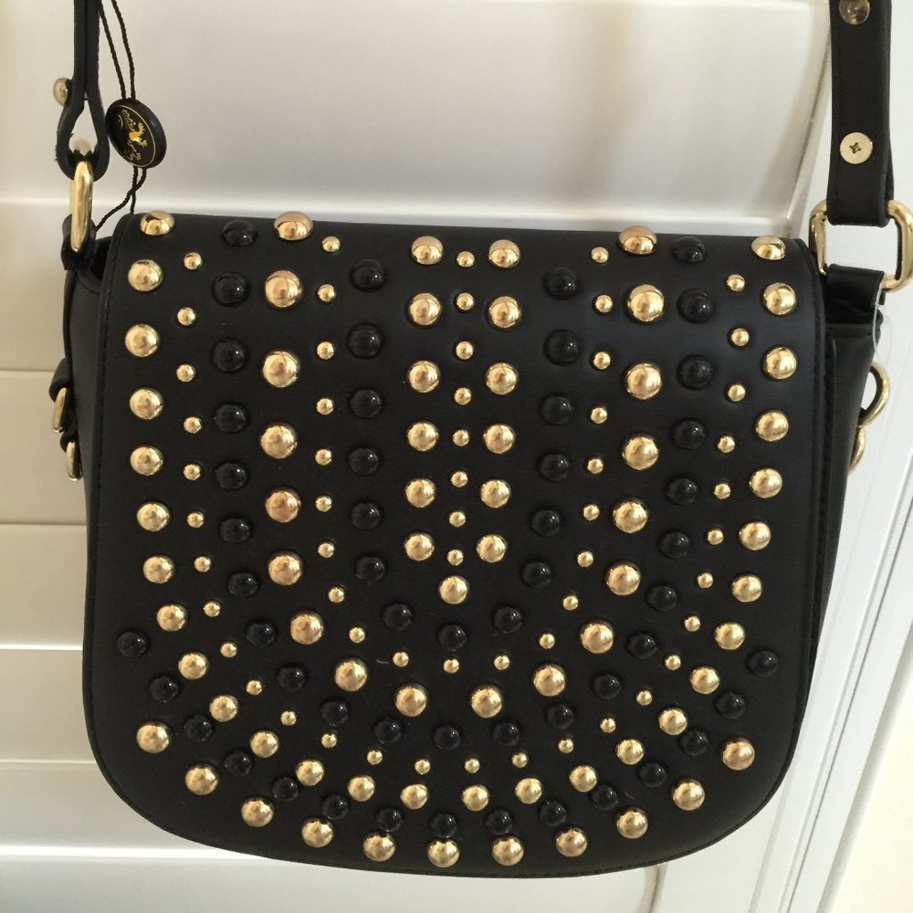 LIONEL Handbag Purse Faux Leather BLACK Gold